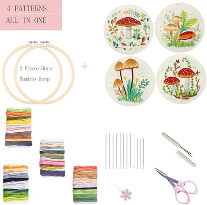 Bonroy 4 Sets Embroidery Kit for Beginners with Instructions,Cross Stitch Kits for Adults with Pattern,Needlepoint Kits for Adult Include Embroidery Cloth Hoops Needles Threads(Mushroom) - Image 3