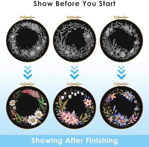 ERKOON 3 Sets Embroidery Kit, Floral Cross Stitch Set for Include Embroidery Cloth Hoops Threads for Craft Lover Hand Stitch (Garlands) - Image 4
