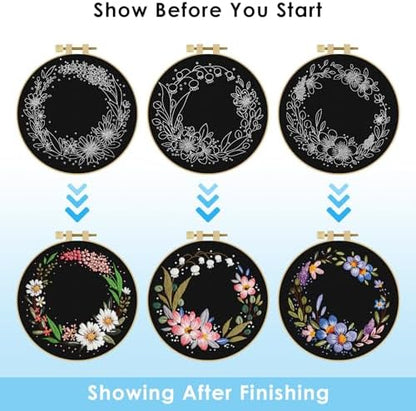 ERKOON 3 Sets Embroidery Kit, Floral Cross Stitch Set for Include Embroidery Cloth Hoops Threads for Craft Lover Hand Stitch (Garlands) - Image 4
