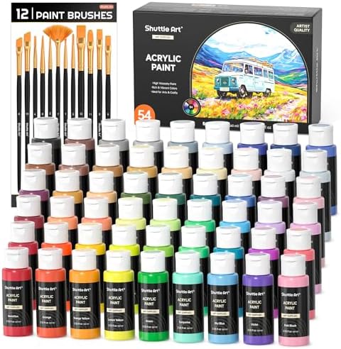 54 Colors Acrylic Paint, Shuttle Art Acrylic Paint set with 12 Paint Brushes, 2oz/60ml Bottles, Rich Pigmented, Water Proof, Premium Paints for Artists, Beginners and Kids on Canvas Rocks Wood Ceramic by ShuttleArt