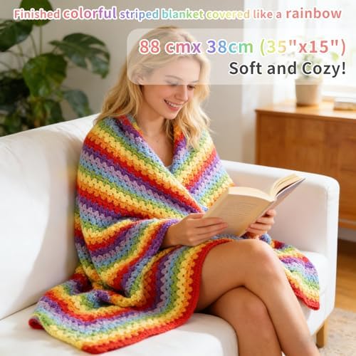 HUYEIOBGD Crochet Blanket Kit for Beginners – Easy Crochet Starter Kit for Adults & Kids, Colorful Rainbow Stripe Yarn, Complete Crochet Supplies with Step-by-Step Video Instructions - Image 6