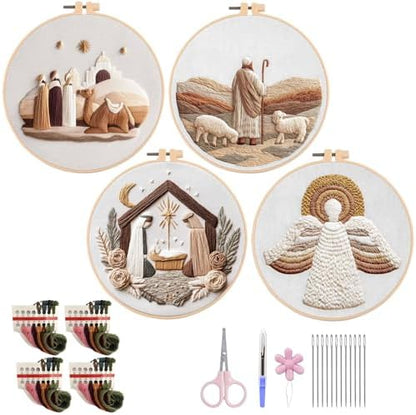 Nativity Embroidery Kit for Adults, Pre-Stamped Pattern Embroidery Kit for Beginners, Needlepoint Kit with Hoop Thread Needle Instruction, 7.9'' Hoop (Nativity 4 Packs) by Unknown
