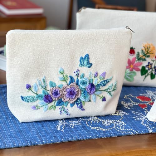 FONNUY Embroidery Kit Makeup Bag for Beginners, Flowers Pre-Stamped Pattern Handbag Coin Purses Making Kits for Adults with Hoop, Easy to Follow Color Thread Needlework (Blue) - Image 4