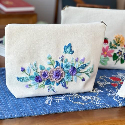 FONNUY Embroidery Kit Makeup Bag for Beginners, Flowers Pre-Stamped Pattern Handbag Coin Purses Making Kits for Adults with Hoop, Easy to Follow Color Thread Needlework (Blue) - Image 4
