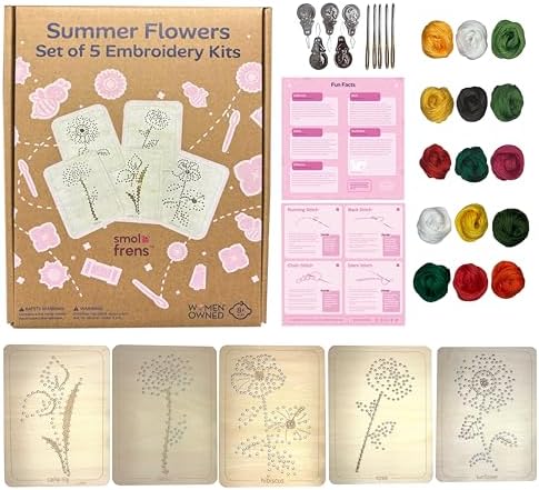 Wooden Flower Lacing Embroidery Kits for Beginners, Set of 5 Learn-to-Stitch Craft Boards, Sewing & Embroidery Art Kits for Kids Ages 8+, DIY Craft Projects, Educational Gifts, Party Favors (Summer) by SmolFrens