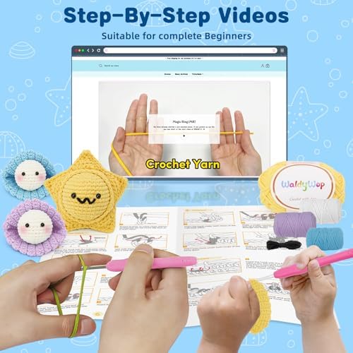 WaldyWop Crochet Kit for Beginners: 3Pcs Ocean Friends Wobbles Crochet Animal Kit for Starter Adults - Dly StressRelief Ball w/ 40% Extra Yarn, Easy Video & Instructions - Christmas Gift for Women - Image 3