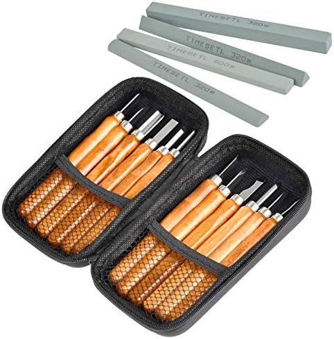 TIMESETL 17Pack Small Wood Carving Set, 12pcs Wood Carving Tools SK2 Carbon Steel + 4pcs Whetstone + 1pcs Storage Case for Beginners DIY Woodworking Sculpting Whittling with Safety Cap by TIMESETL