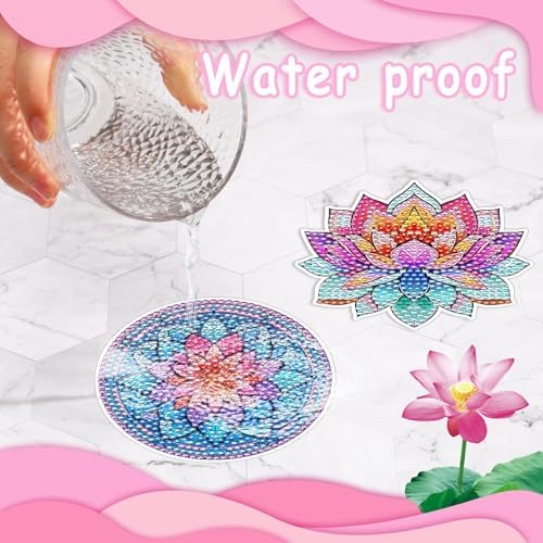 UPINS 8Pcs Lotus Diamond Art Painting Coasters Kits with Holder, Diamond Art Non Slip Coaster Kits DIY with Holder Crafts for Adults Diamond Art Painting Kits Supplies for Holiday Gift - Image 6