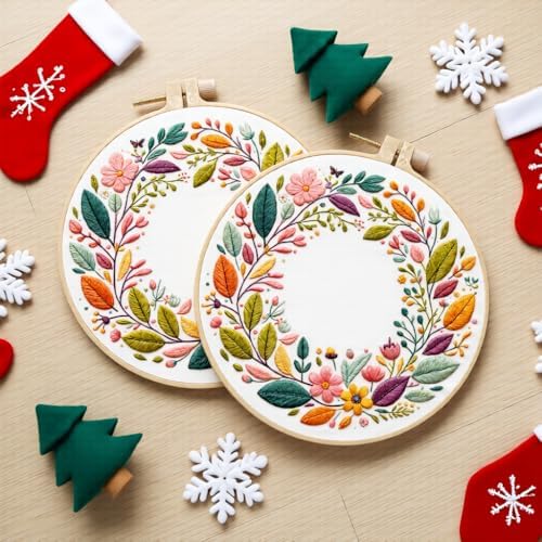 JJFox Embroidery Kit for Beginners and Adults, DIY Hand Embroidery Starter Kit with Cute Pattern, Cross Stitch Needlepoint Set with Hoop, Threads and Instructions (Wreath) - Image 2