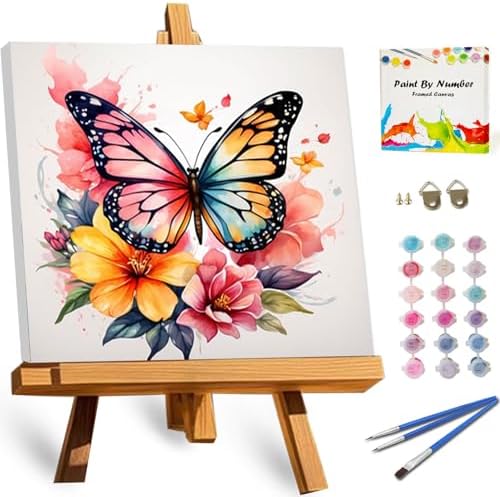 TOCARE Framed Paint by Numbers Kit for Adults,Butterfly Paint by Number Framed, Adult Paint by Number Kits on Canvas Framed Flower Butterfly for Home Wall Decor (10x10 Inch, Without Easel) by TOCAREDirect
