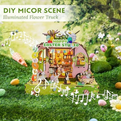 DIY Miniature House Kit (Easter Egg Truck) Tiny Dollhouse Kits for Adults to Build, Mini Model Kits with LED&Music Box, Wooden Adults Crafts Puzzles, Birthday Gifts for Family Friends - Image 2