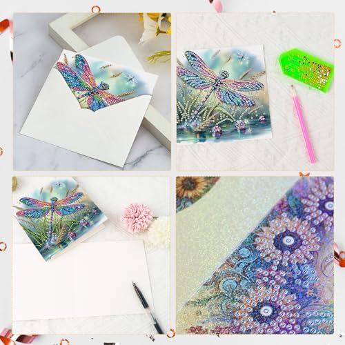 6 Pcs 5D Diamond Painting Greeting Cards Kits Dragonfly, Handmade Festival Greeting Cards with Envelopes DIY Diamond Art Crafts Birthday Cards Shimmer Design for Birthdays Holidays (30x15cm) - Image 4