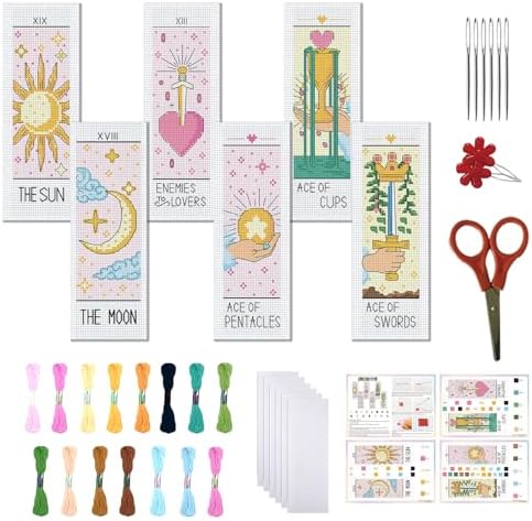 FREEBLOSS 6 Set Cross Stitch Bookmark Kit Stamped Cross Stitch Kit Tarot Cards Theme Embroidery Set with Instruction for Adults 8''*2.4'' by FreeandCreativeCraftsArt