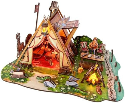 Wild Camping Miniature House Kit, 195PCS DIY Wooden Model Kit with LED Light,3D Wooden Puzzle Craft Home Decor, Gift for Teens & Adults 14+ by BringKidsJoyHappiness