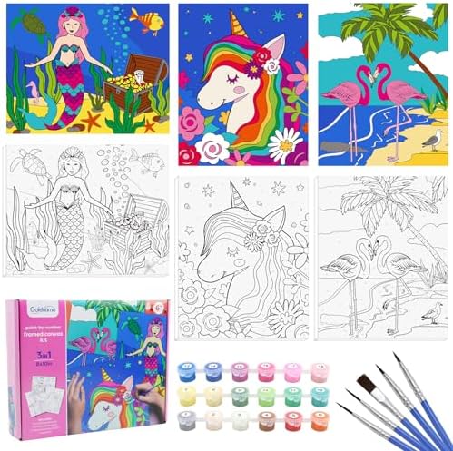 goldentime 3 Framed Canvas Paint by Numbers for Kids Ages 6 8 10 12 –Easy Paint by Numbers Kit for Kids and Adults –Unicorn Painting Kit for Girls, Mermaid Crafts for Girls Ages 6-8-12… by Goldentime