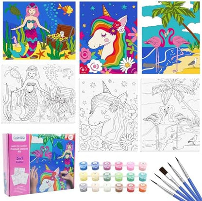 goldentime 3 Framed Canvas Paint by Numbers for Kids Ages 6 8 10 12 –Easy Paint by Numbers Kit for Kids and Adults –Unicorn Painting Kit for Girls, Mermaid Crafts for Girls Ages 6-8-12… by Goldentime