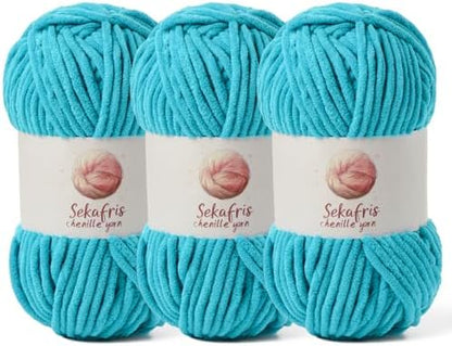 Chenille Blanket Yarn for Crocheting Size 5 Bulky Yarn 3 Lake Blue by Sekafris
