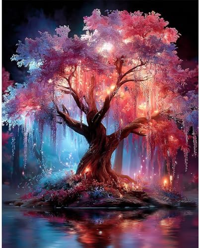 Cherry Blossom Tree Paint by Numbers Kits for Adults Beginner, Night Landscape with Fantastic Tree, Canvas Painting by Numbers for Adults, Easy DIY Oil Painting Kits for Gifts Home Decor 16x20 Inch by NEWENMO