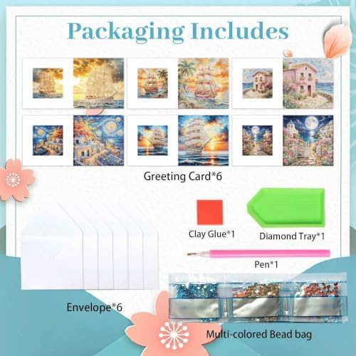 Artiphile DIY Pearl Art Painting Greeting Card Set Crafts Decor 6-Piece Foldable Cards Kit with Envelopes and Tools for Holiday Wishes Adult Crafting Project-Sailboat - Image 4