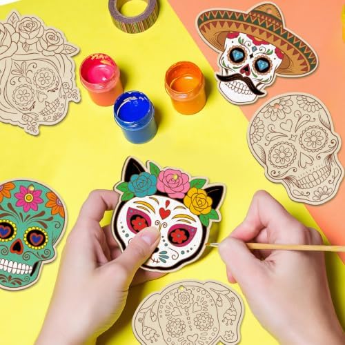 80PCS Wooden Day of The Dead Skull Ornaments to Paint Dia De Los Muertos Decorations Crafts for Kids, Halloween Decorations DIY Blank Sugar Skull Unfinished Mexican Fiesta Cutouts for Party Hanging - Image 2
