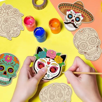80PCS Wooden Day of The Dead Skull Ornaments to Paint Dia De Los Muertos Decorations Crafts for Kids, Halloween Decorations DIY Blank Sugar Skull Unfinished Mexican Fiesta Cutouts for Party Hanging - Image 2