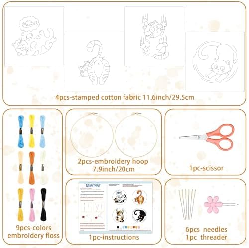 BEUNITONE 4PCS Fun and Funny Cat Embroidery Kit for Beginners, Cute Pre-Print Cat Pattern Hand Embroidery Kits with Hoop and Instruction, DIY Needlepoint Craft Kit for Gifts and Home Decor - Image 2