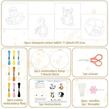 BEUNITONE 4PCS Fun and Funny Cat Embroidery Kit for Beginners, Cute Pre-Print Cat Pattern Hand Embroidery Kits with Hoop and Instruction, DIY Needlepoint Craft Kit for Gifts and Home Decor - Image 2