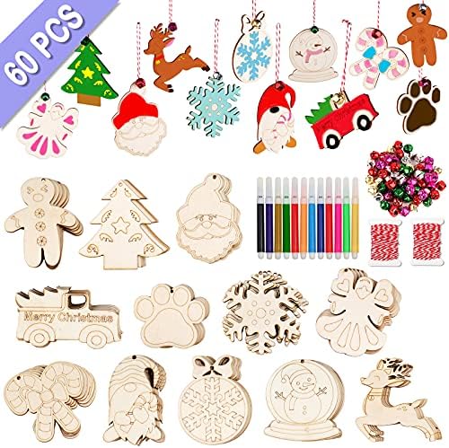 GUDELAK 60PCS DIY Wooden Christmas Ornaments, 12 Styles Christmas Crafts for Kids Adults with Ropes, 60 Bells and 12 Colored Pens, Unfinished Wood Ornaments Making Kit for Christmas Tree Decorations by GUDELAK