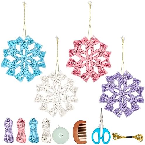 INFUNLY 4 Set DIY Macrame Snowflake Kit Boho Christmas Flower Macrame Ornaments Macrame Wall Hanging Winter Macrame Snowflake Hanging for Christmas Home Birthday Wedding Party Decor by INFUNLY
