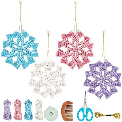 INFUNLY 4 Set DIY Macrame Snowflake Kit Boho Christmas Flower Macrame Ornaments Macrame Wall Hanging Winter Macrame Snowflake Hanging for Christmas Home Birthday Wedding Party Decor by INFUNLY