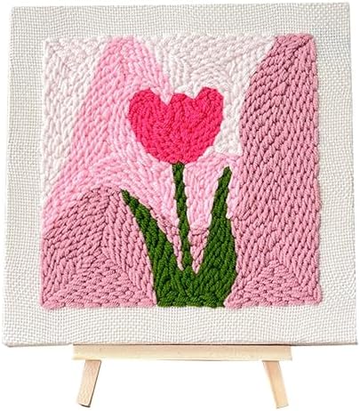 Allazone Punch Needle Embroidery Kit With Frame, Square Fabric, Flower Pattern, Hoop, Yarns (Pink Tulip) by Allazone