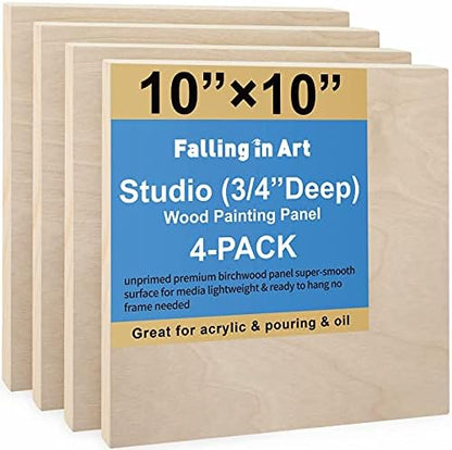 Falling in Art 4 Pack 10x10’’ Unfinished Birch Wood Panels Kit for Painting by FallinginArt