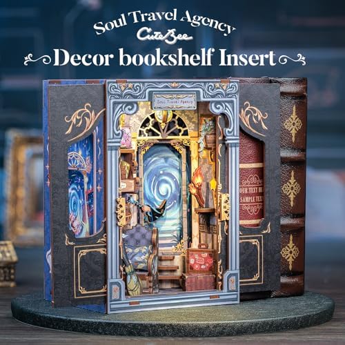 CUTEBEE Book Nook Kit - DIY Miniature House Dollhouse Kit for Adults and Teens, Booknook Tiny House Bookshelf Decor 3D Wooden Puzzle, Gifts for Family Friends (Soul Travel Agency) - Image 3