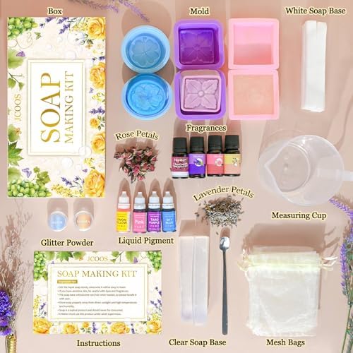 Jcoos Soap Making Kit, Soap Making Kit for Adults Teens & Beginners, Soap Making Supplies with Soap Base, Soap Mold, Soap Colorant, Fragrances, Dried Flowers, Glitter - Easy and Fun Craft DIY Kits - Image 2