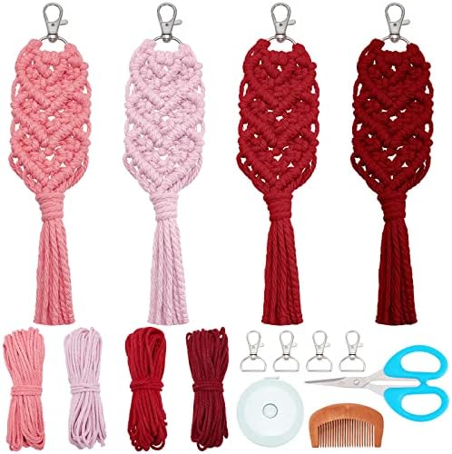 INFUNLY 4 Set Heart Macrame Keychain Kit DIY Kits Mini Boho Keychains Bag Charms Macrame Keychain Bracelet with Tassels for Car Key Purse Phone Instruction Included by INFUNLY