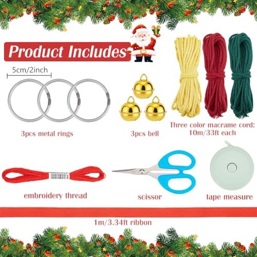 ACRNIGHEET 3PCS Macrame Kit for Adults Beginners, DIY Christmas Bells Ornaments, Yellow/Red/Green Bell Hangings for Xmas Tree, Include Instruction and Video - Image 2