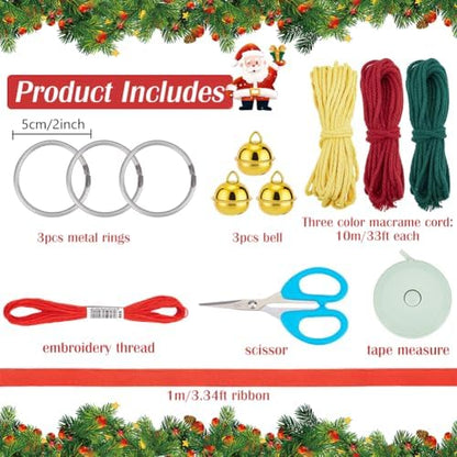 ACRNIGHEET 3PCS Macrame Kit for Adults Beginners, DIY Christmas Bells Ornaments, Yellow/Red/Green Bell Hangings for Xmas Tree, Include Instruction and Video - Image 2