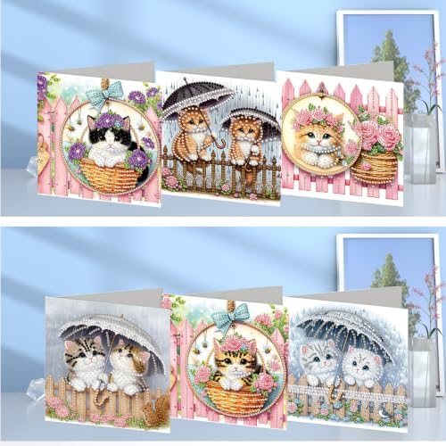 6PCS Cat Diamond Art Painting Greeting Cards Kit with Envelopes - 5D DIY Diamond Art Card Kits for Adults - Handcrafted Postcards for Birthday & Holiday - Image 2