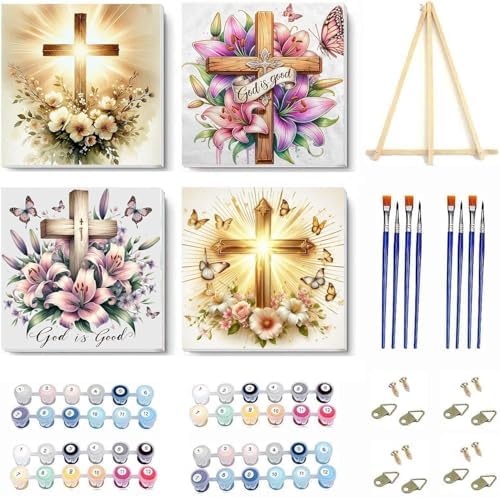NEGEKFKX 4 Pack The Cross of Christ Paint by Numbers Kit for Adults Beginner,Flower Easy Adult Paint by Number Kits on Canvas DIY Painting for Beginners Art by Numbers for Home Wall Decor 10x10Inch by NEGEKFKX