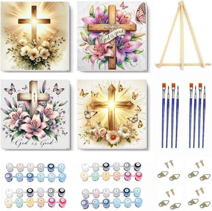NEGEKFKX 4 Pack The Cross of Christ Paint by Numbers Kit for Adults Beginner,Flower Easy Adult Paint by Number Kits on Canvas DIY Painting for Beginners Art by Numbers for Home Wall Decor 10x10Inch by NEGEKFKX