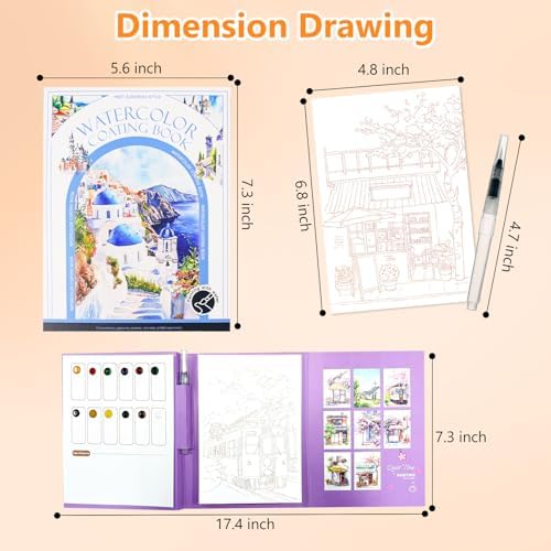 Mulyric 2-Pack Watercolor Painting Books for Adults & Beginners - All-in-One Creative Stress Relief Art Kit with 3-Fold Pad, 32 Pre-Printed Pages, 24 Colors & 2 Brushes (European + Serene Scenery) - Image 3