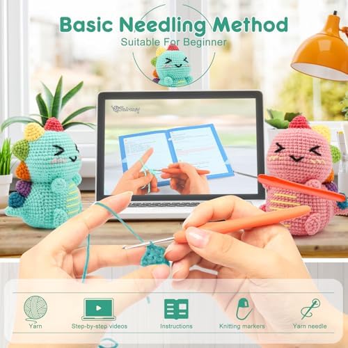 Faircosy Dinosaur Crochet Kit for Beginners: 2PCS Crochet Animal Kits for Adults - Learn to Crocheting Cute Amigurumi Starter Kit with Written Pattern & Video Tutorials (40%+ Yarn Extra) - Image 3