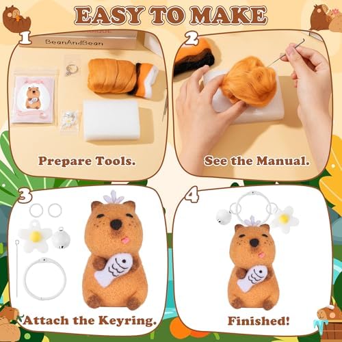 Capybara Needle Felting Kit - 3 Set Cute Animal DIY Doll Wool Craft Set with Felt Tool Instruction Foam Mat, DIY Needlework Keychain Craft for Adults Beginners Christmas Birthday Gift (Style 2) - Image 3