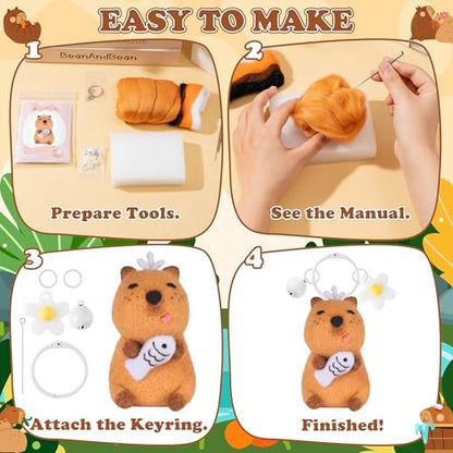 Capybara Needle Felting Kit - 3 Set Cute Animal DIY Doll Wool Craft Set with Felt Tool Instruction Foam Mat, DIY Needlework Keychain Craft for Adults Beginners Christmas Birthday Gift (Style 2) - Image 3