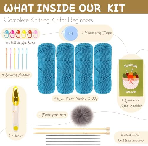 Maasechs Knitting Kit for Beginners Adults Learn to Knit Hat Scarf Glove Complete Knitting Starter Kit with Yarn, Needles, Faux Pom Pom and Step by Step Instruction for Women and Men (Lake Blue) - Image 2