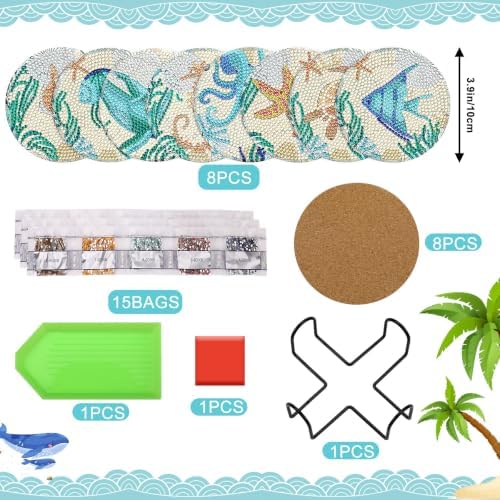 UPINS Ocean Diamond Art Painting Coaster Kit, 8Pcs DIY Crafts Kit with Holder, Non Slip Coaster Art Supplies for Adults, Ideal Christmas Gift - Image 2