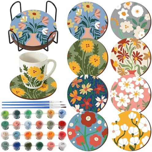 Reallnaive 8 Pcs Flower Paint by Numbers Kit for Adults Floral Coasters by Reallnaive