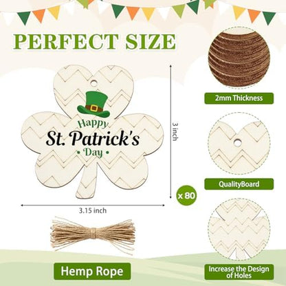 80PCS Wooden Shamrock Ornaments to Paint St. Patrick's Day Decorations, 8 Styles DIY Blank Unfinished Wood Shamrock Cutouts Ornament for Tree Home Crafts Hanging Gifts Indoor Spring Farmhouse - Image 7