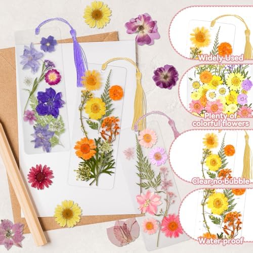 kmfosaat 344 Pcs Pressed Flower Bookmark Making Kit, 50 Laminating Pouches with 242 Dried Flowers, 50 Tassels, Tweezer and Punch, Party DIY Crafts Bookmark for Book Lovers - Image 5