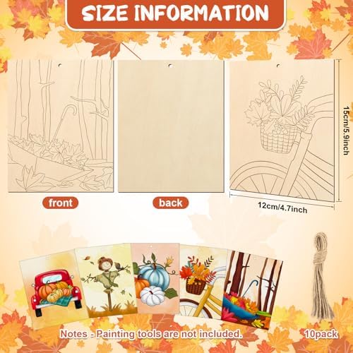 COCHIE 10PCS Large Fall Unfinished Wood Crafts to Paint for Adults, Bulk Predrilled Wooden Ornaments for Painting, Pumpkin Scarecrow Maple Leaf Paintable Wood Slices Craft Supplies with Ropes - Image 2